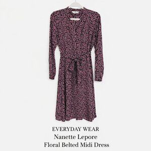 Nanette Lepore Floral Shirt Dress Belted Midi Black Pink Size 8